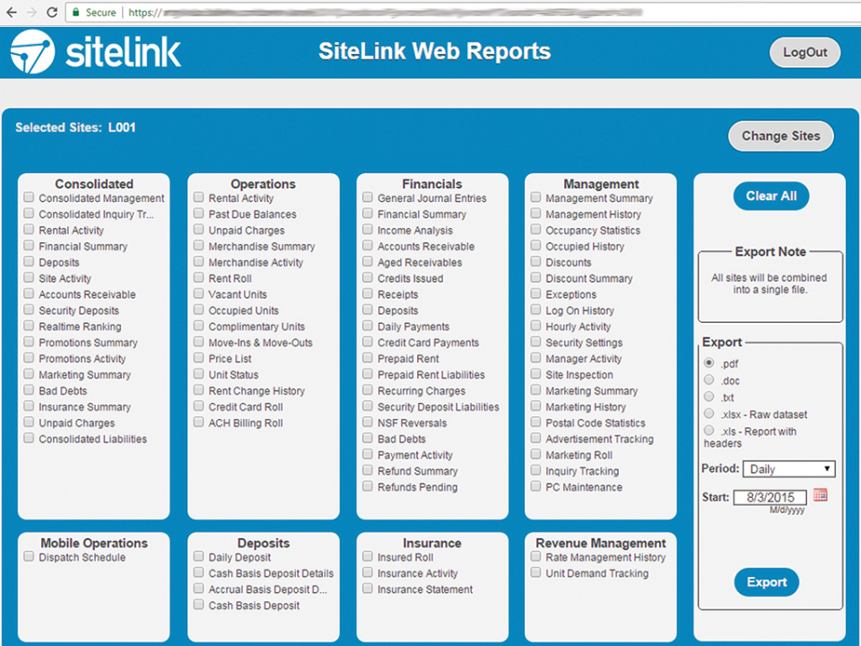 screenshot of SiteLink Web Edition